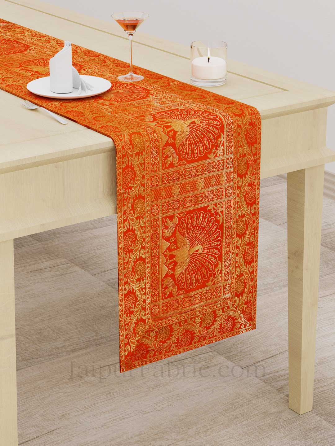 Royal Peacock Orange Silk Table Runner