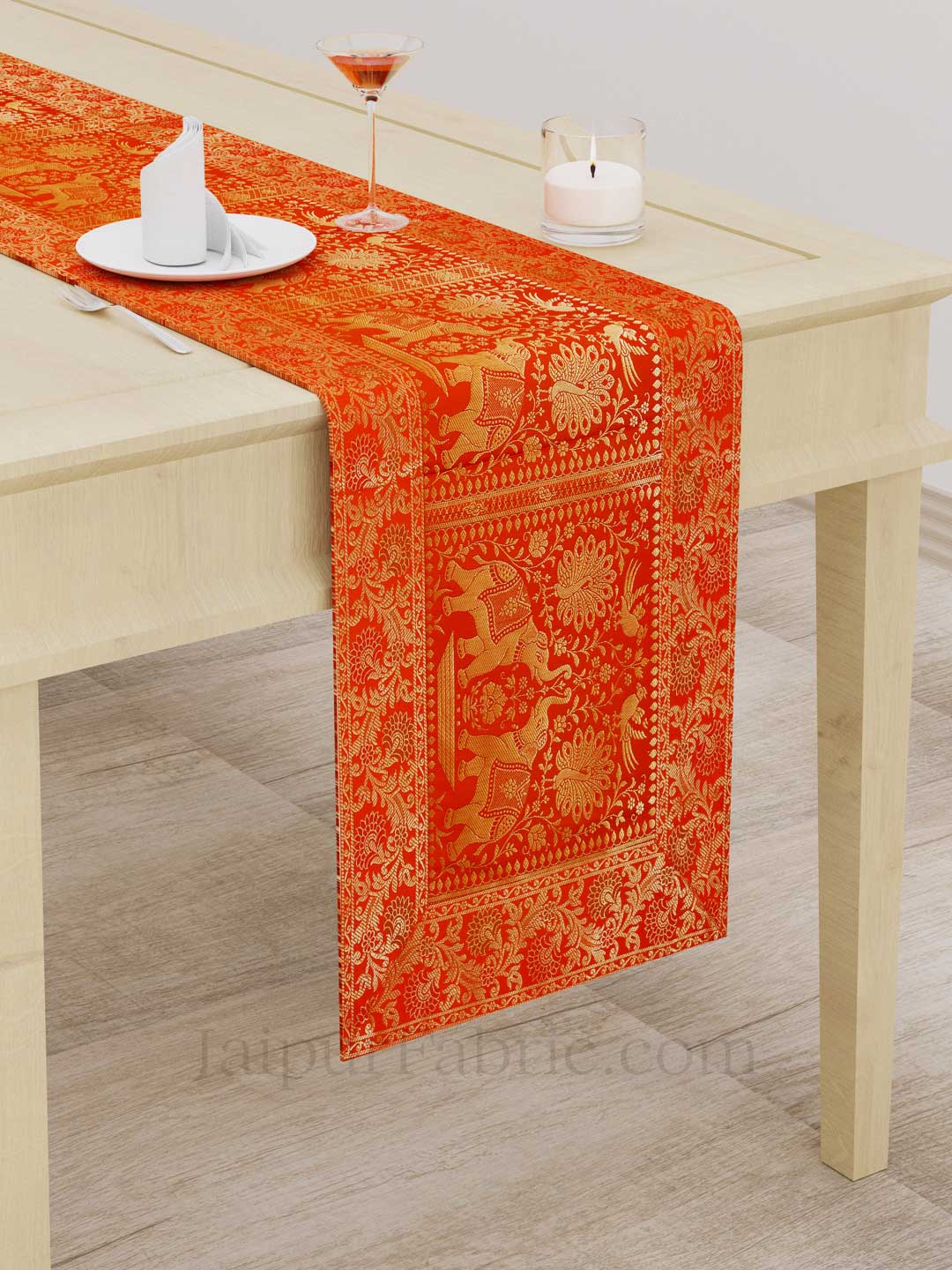 Royal Elephants Orange Silk Table Runner