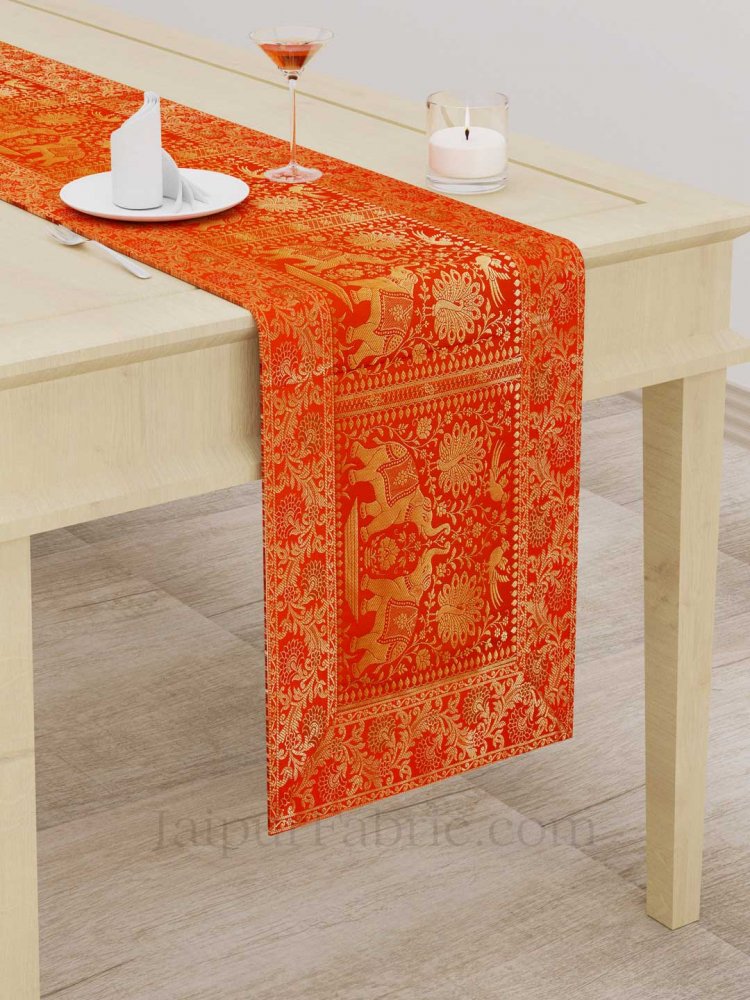 Royal Elephants Orange Silk Table Runner