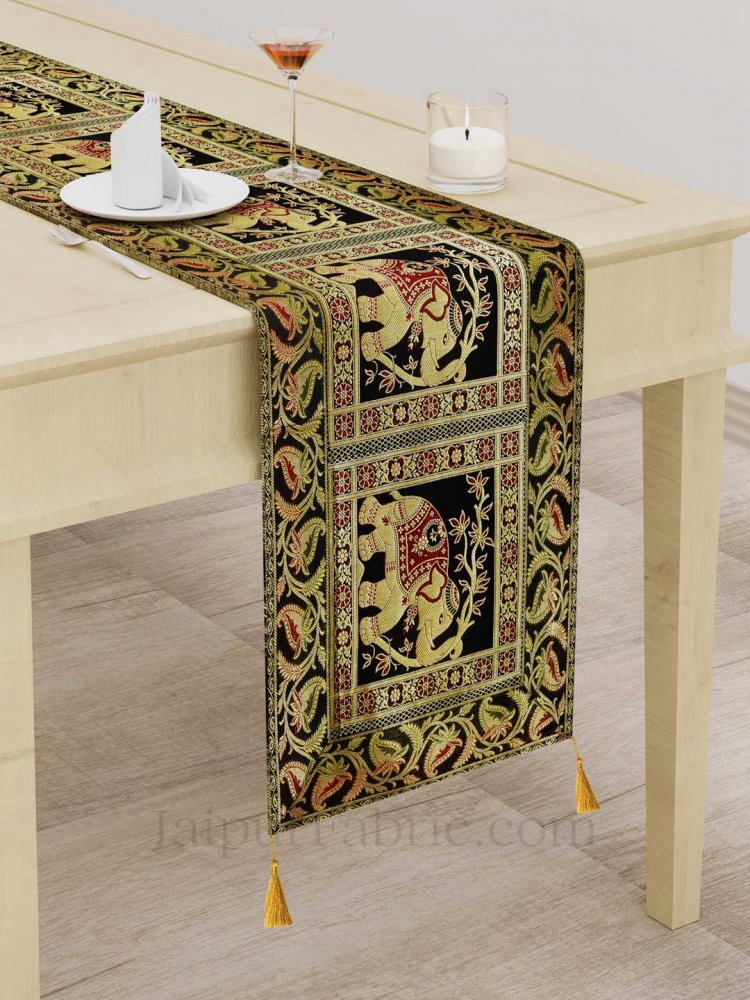 Imperial Elephant Black Silk Table Runner