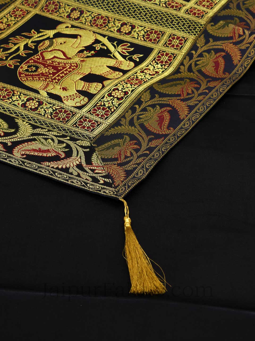 Imperial Elephant Black Silk Table Runner