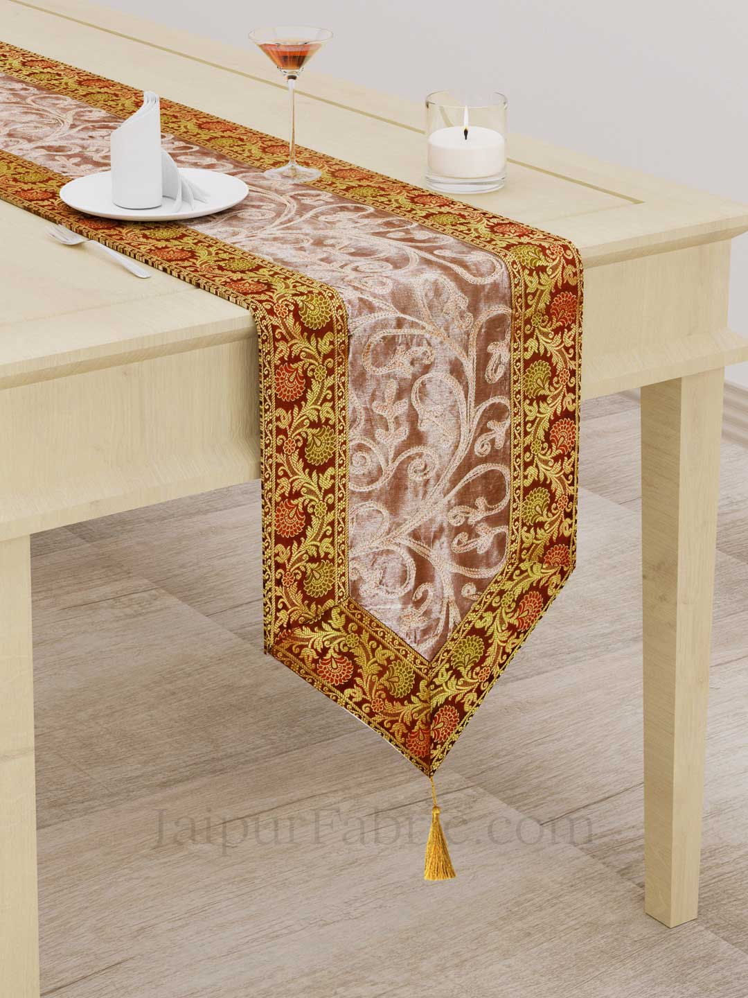 Traditional Thread Work Brown Silk Table Runner