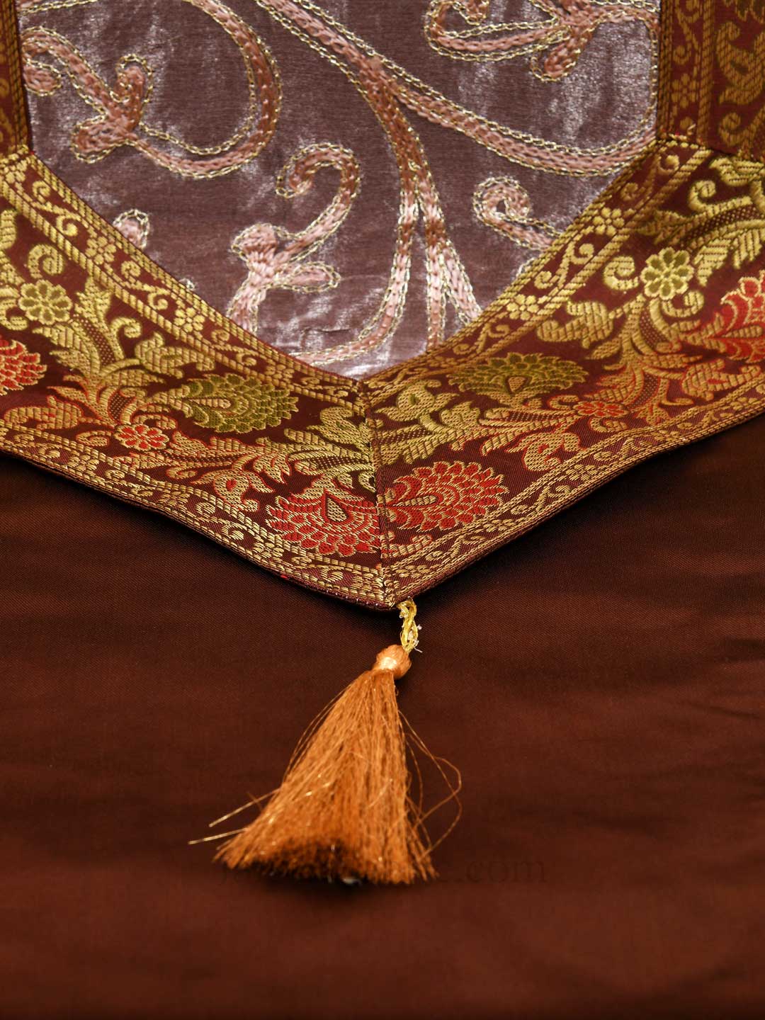 Traditional Thread Work Brown Silk Table Runner