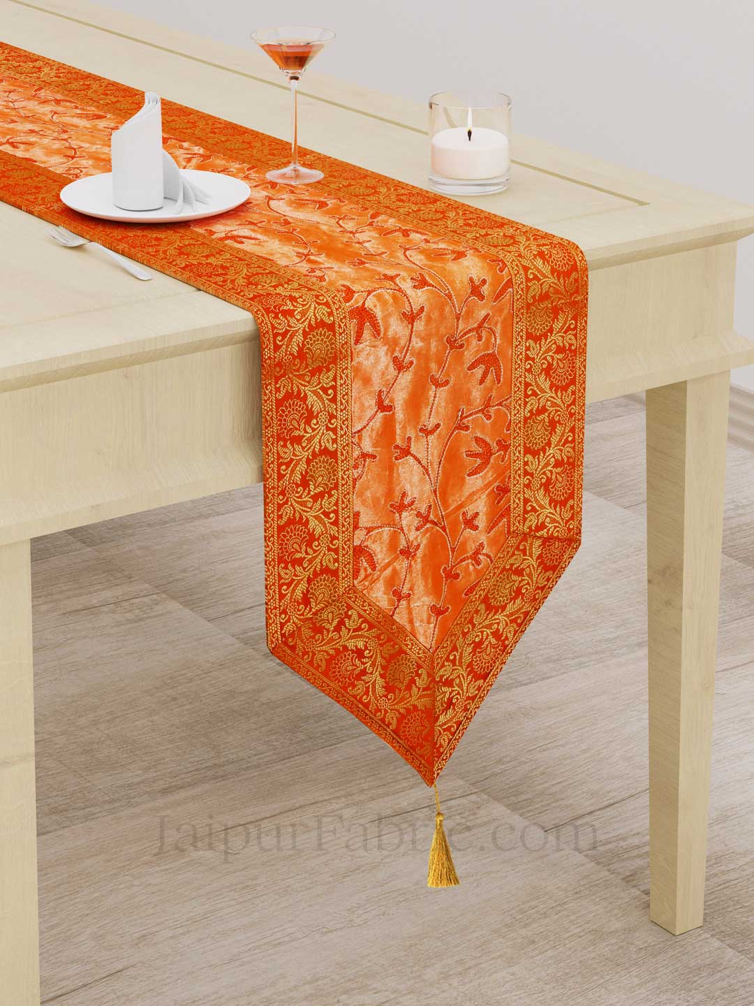 Traditional Thread Work Orange Silk Table Runner