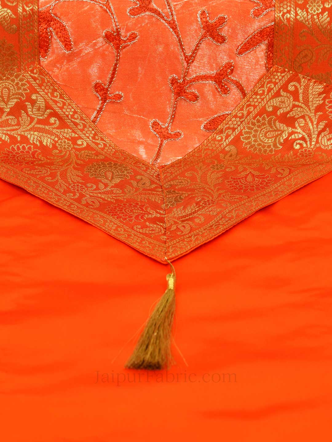 Traditional Thread Work Orange Silk Table Runner