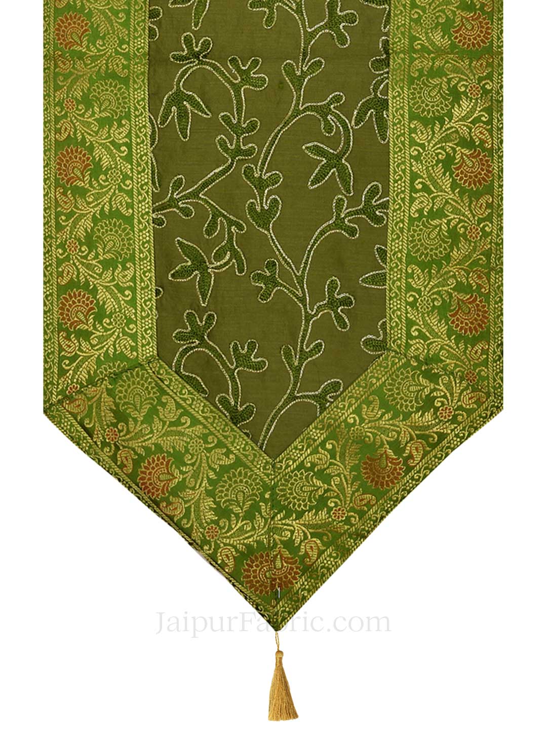 Traditional Thread Work Green Silk Table Runner