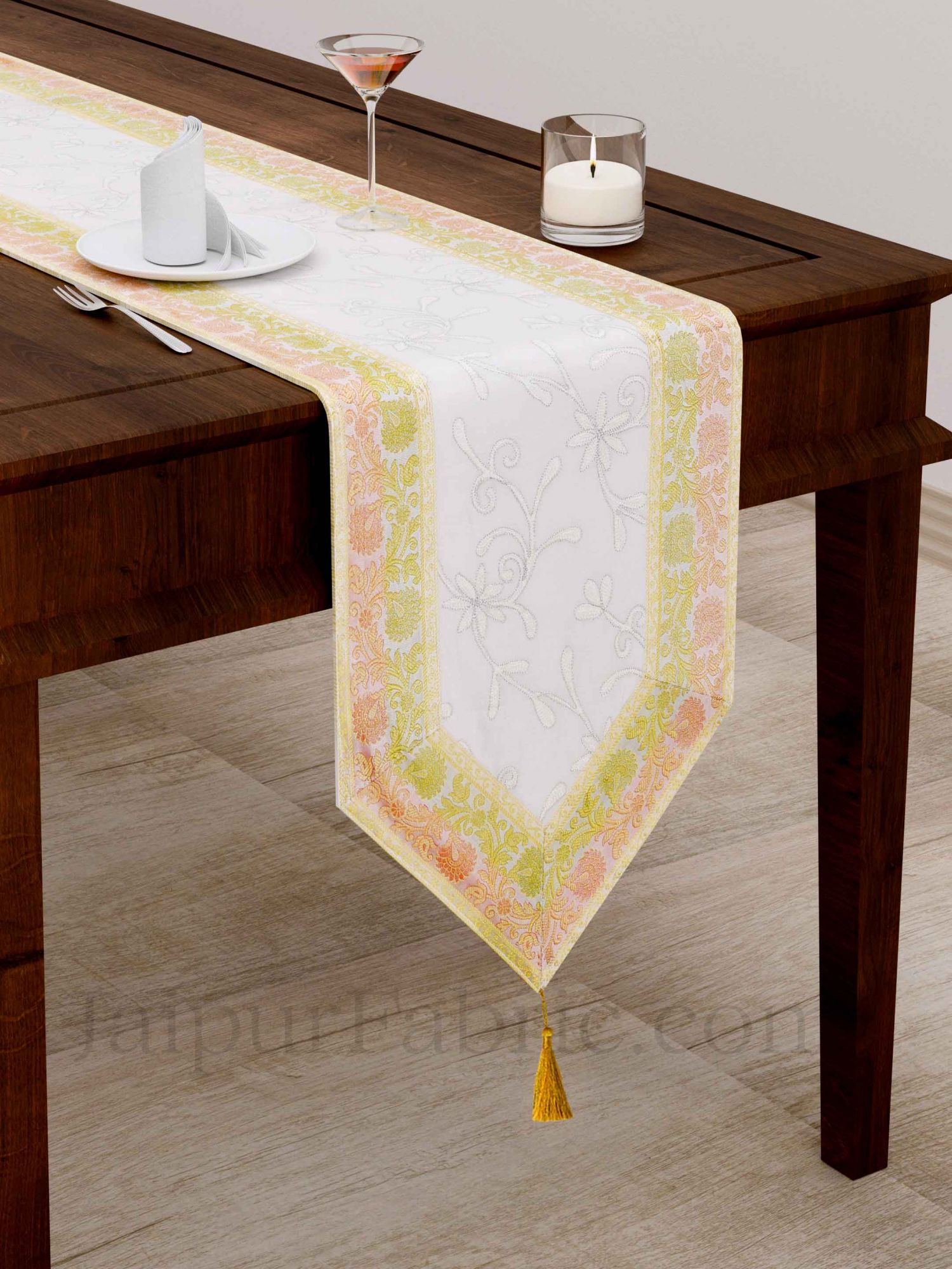 Traditional Thread Work White Silk Table Runner