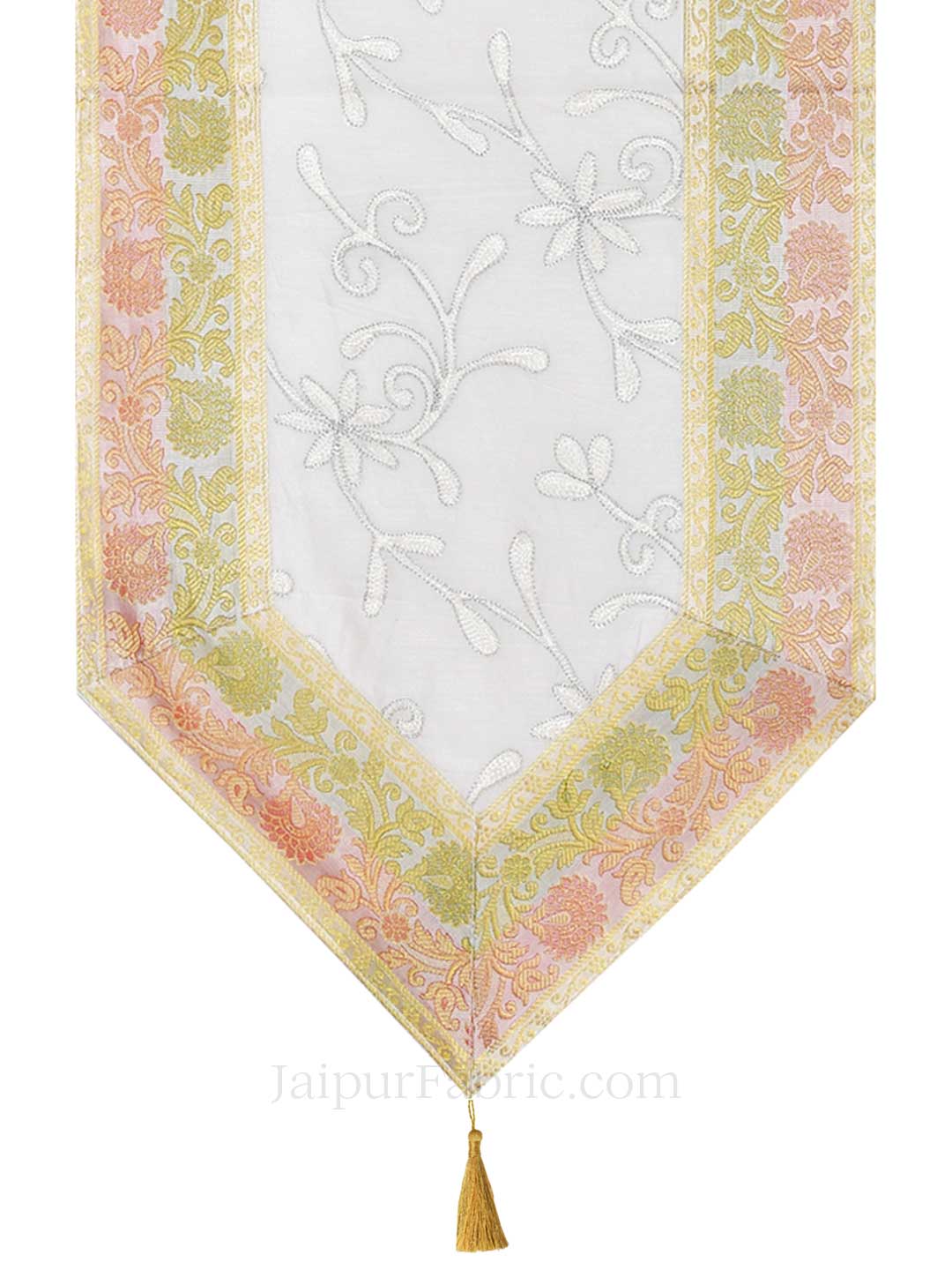 Traditional Thread Work White Silk Table Runner