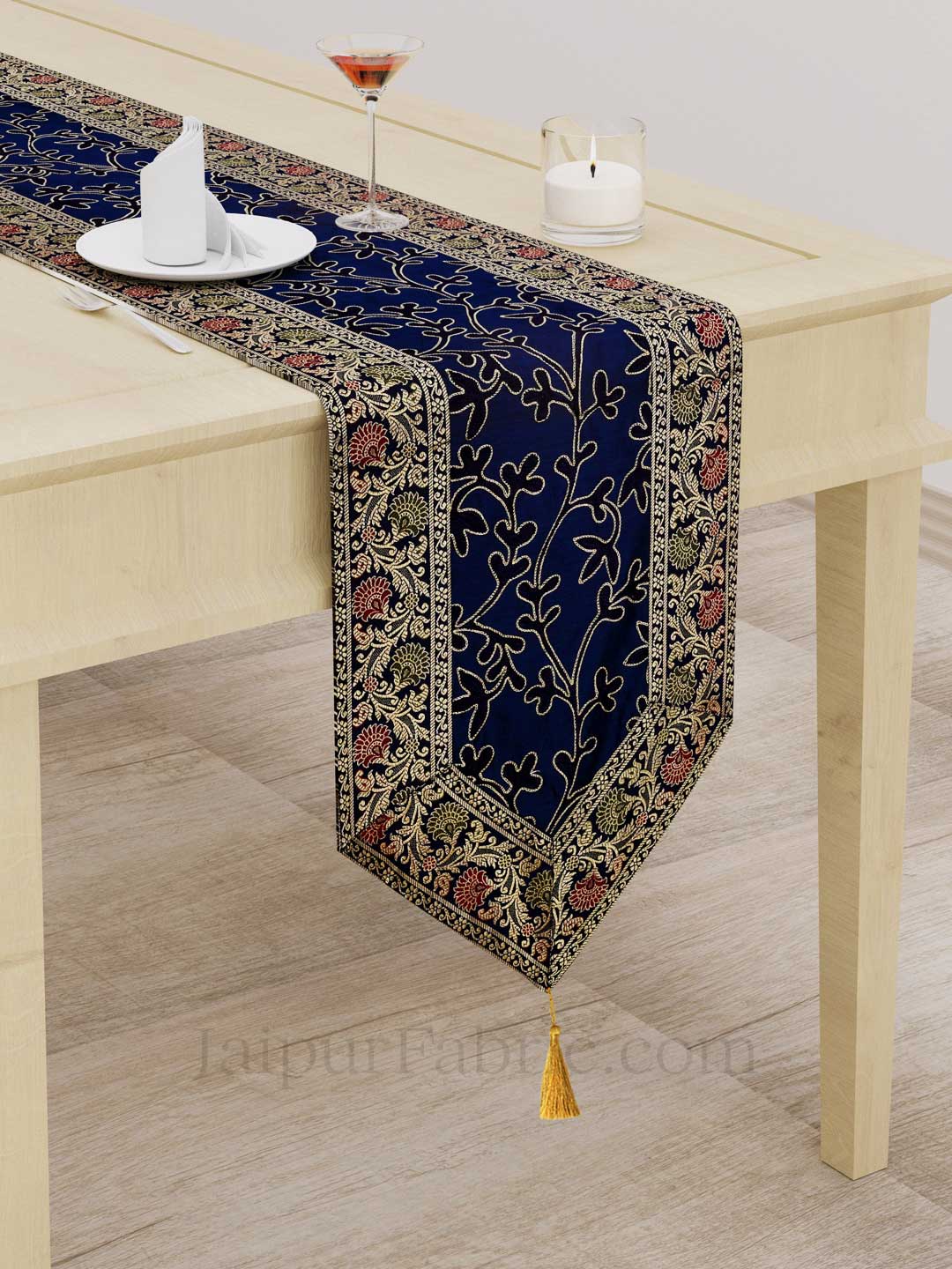 Traditional Thread Work Blue Silk Table Runner