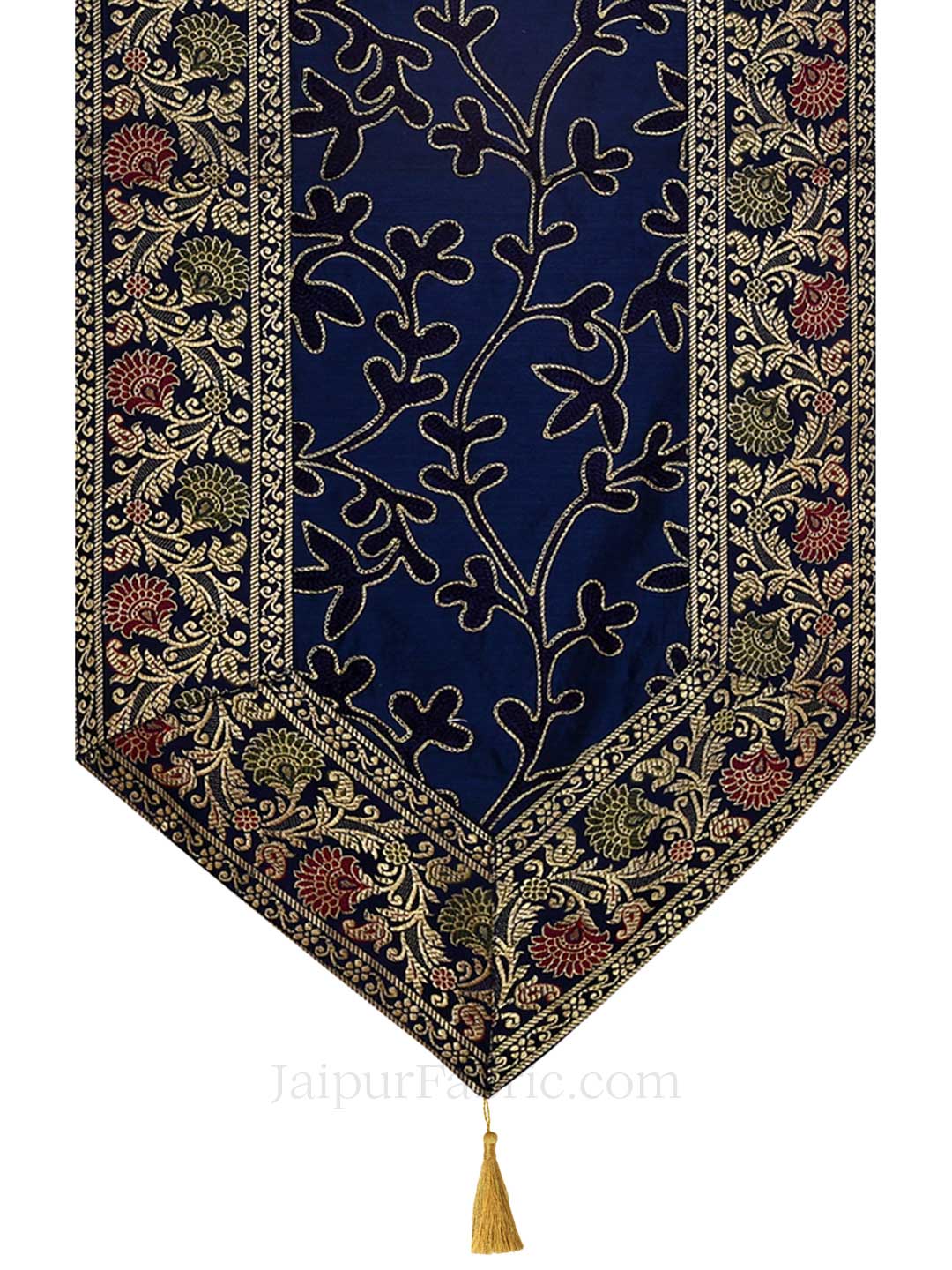 Traditional Thread Work Blue Silk Table Runner