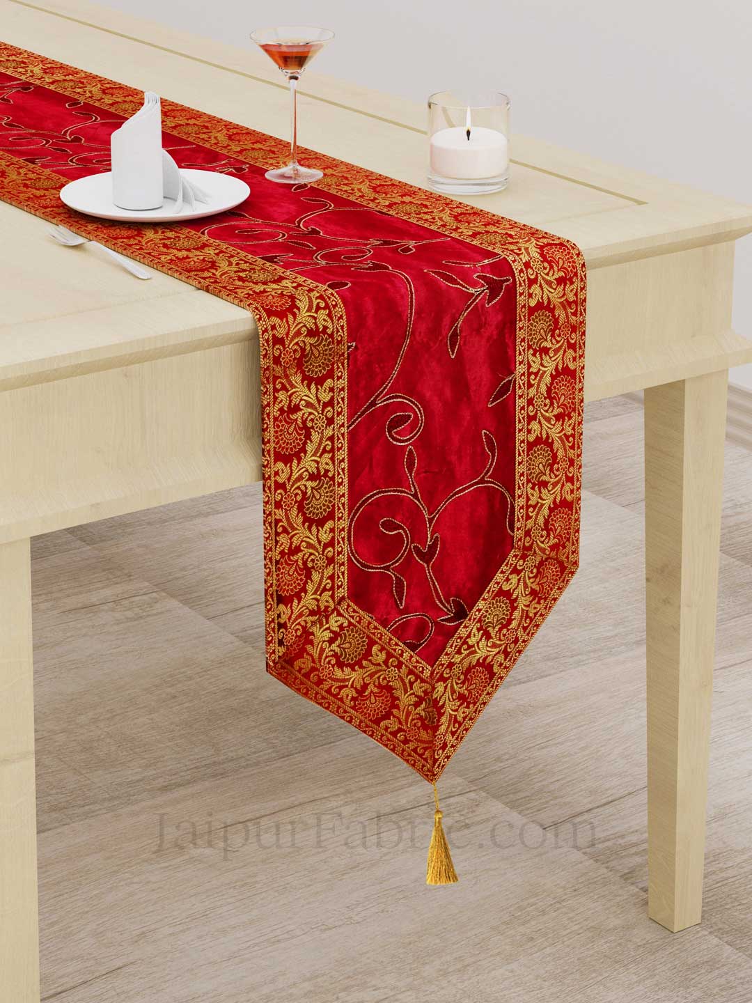 Traditional Thread Work Maroon Silk Table Runner