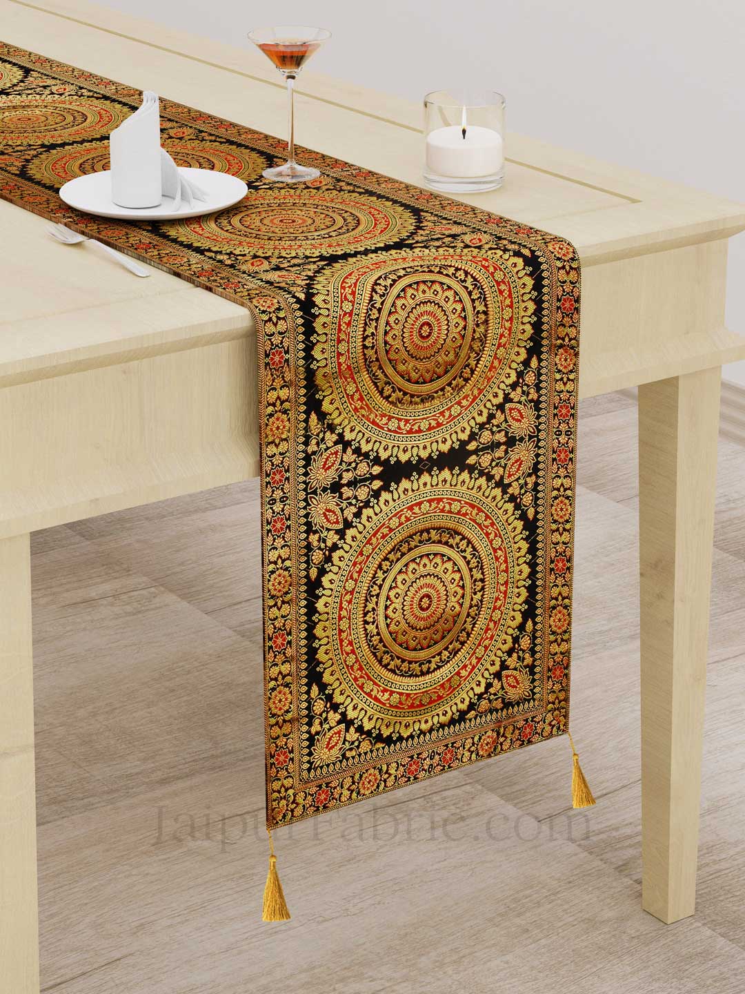 Rich Rangoli Pattern Black Silk Table Runner