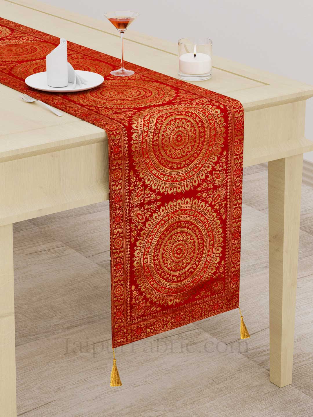 Rich Rangoli Pattern Red Silk Table Runner