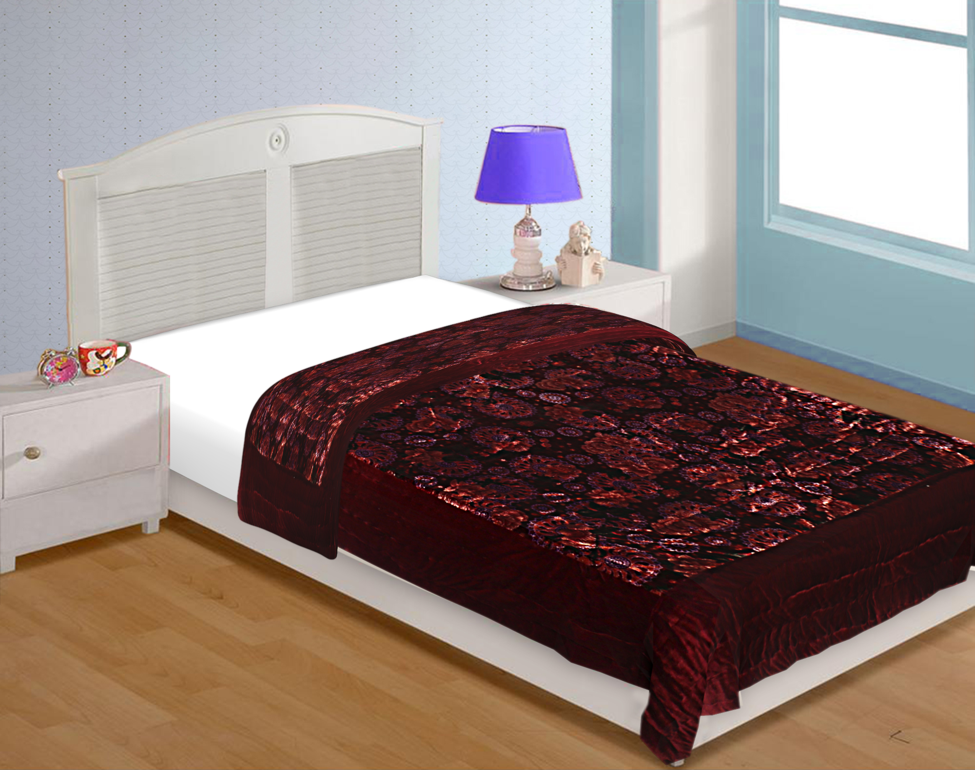 Velvet Cloth Single Bed Quilt Jaipuri Razai Dark Maroon Shaneel Rajai by Jaipur Fabric