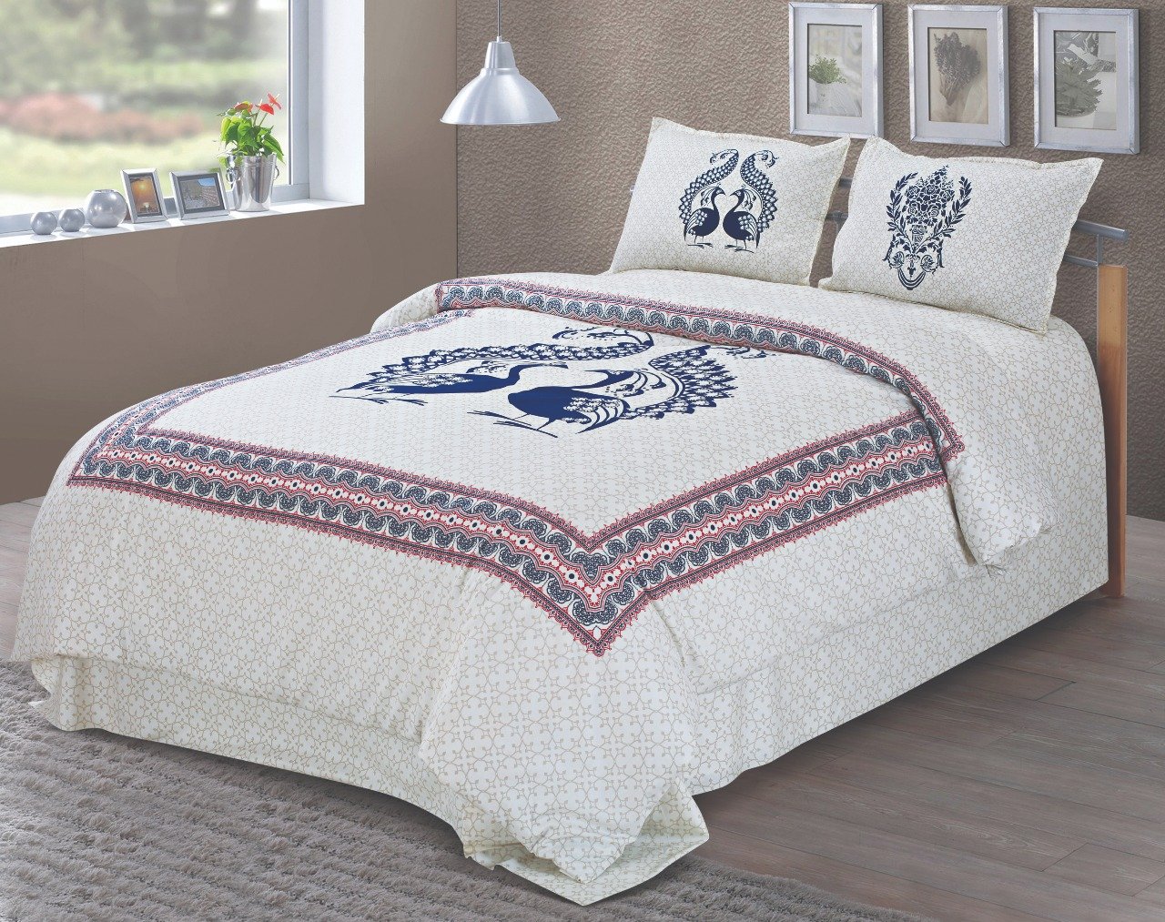 Twill Cotton Double Bedsheet Navy Blue Peacock Pair