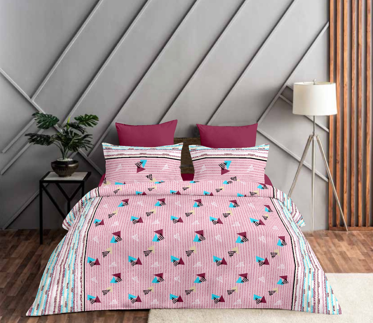 COMBO337 POLYGON PINK PRINT BEDSHEET + COMFORTER SET