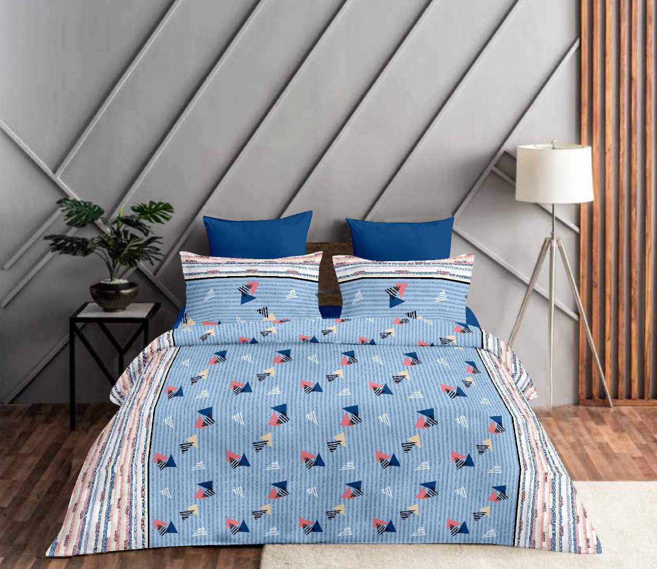 COMBO335 SKY BLUE POLYGON PRINT BEDSHEET + COMFORTER SET