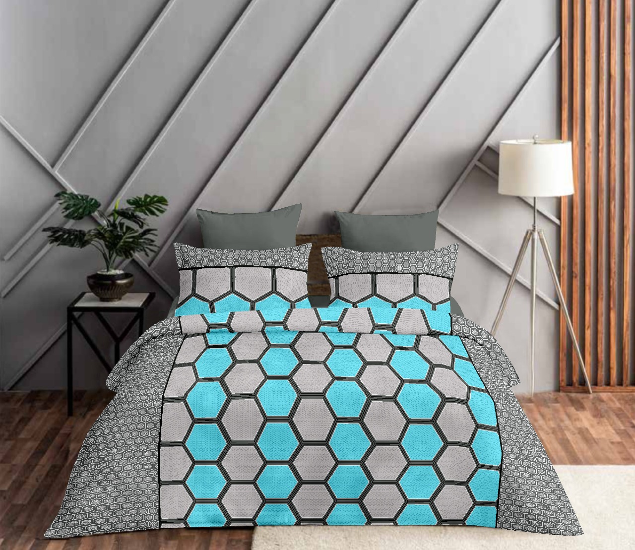 COMBO327 BLUE HONEYCOMB BEDSHEET + COMFORTER SET