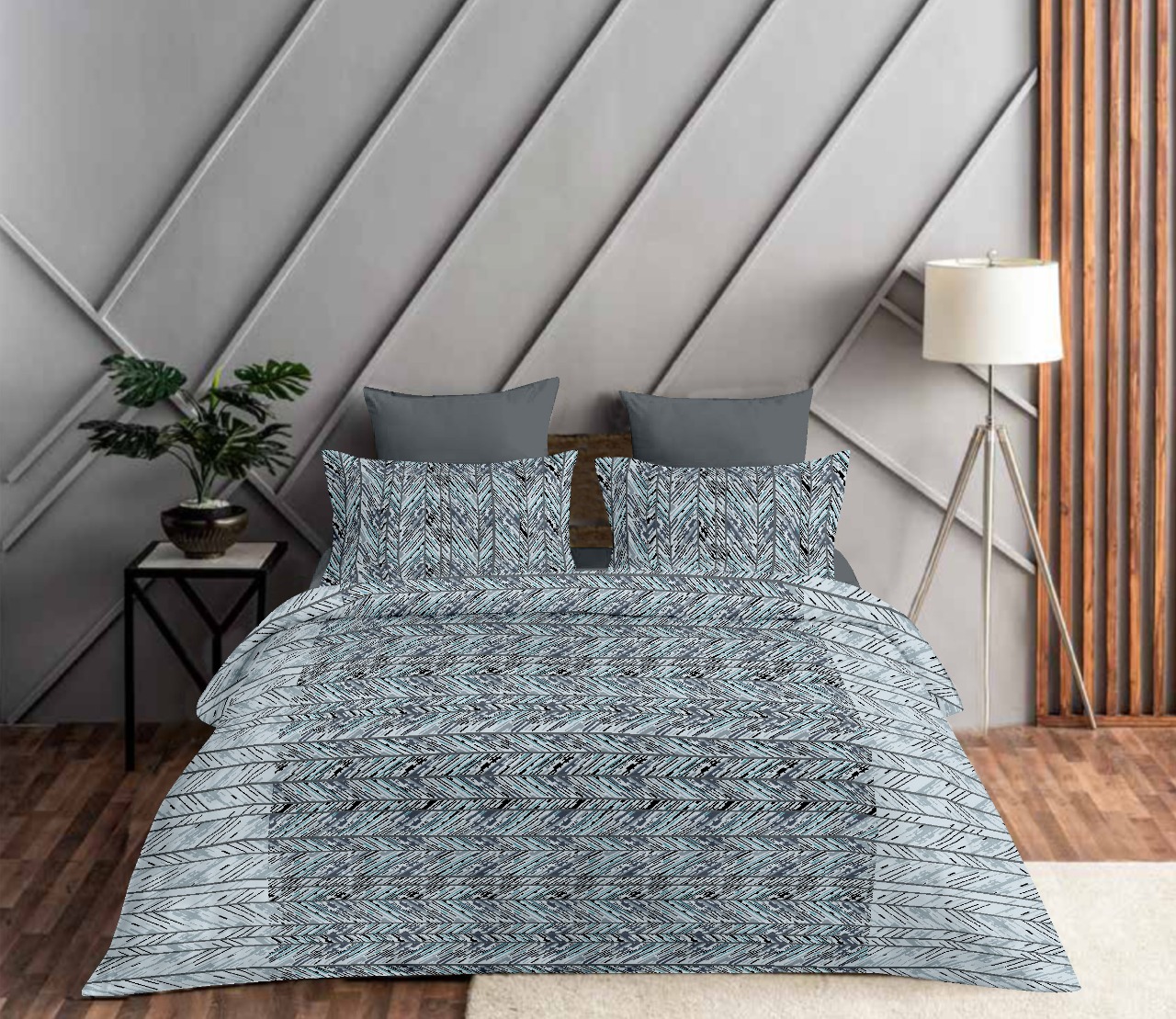 COMBO333 GREY ZIG ZAG PRINT BEDSHEET + COMFORTER SET