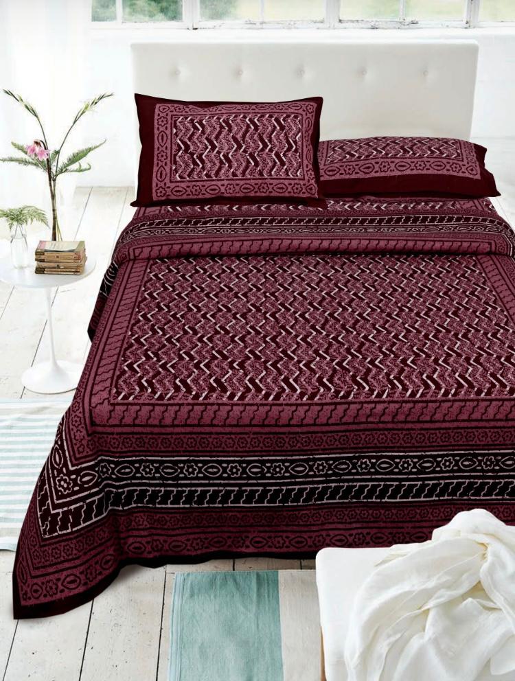 Maroon Zigzag Pure Cotton Jaipuri Dabu Print Bedsheet