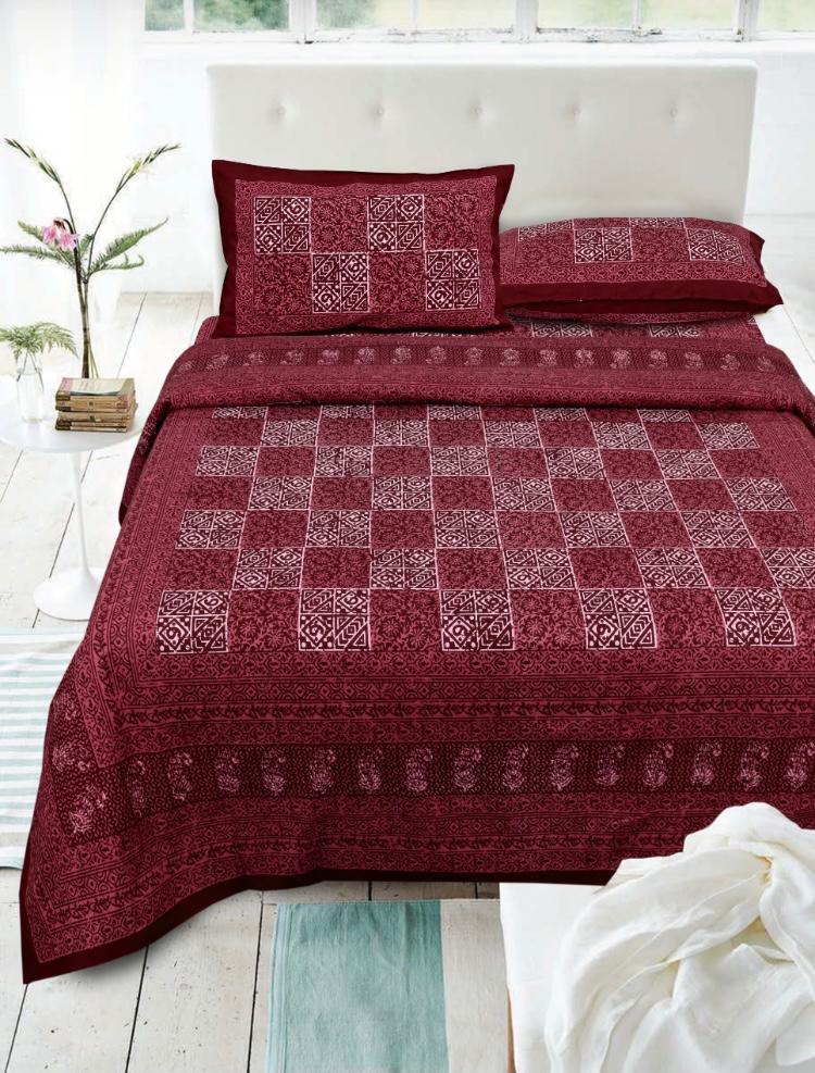 Maroon Check Pure Cotton Jaipuri Dabu Print Bedsheet