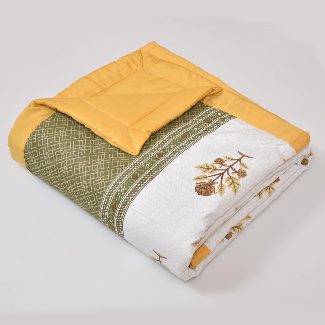 Floral Print Yellow Cotton Quilted Bedcover Comforter Blanket