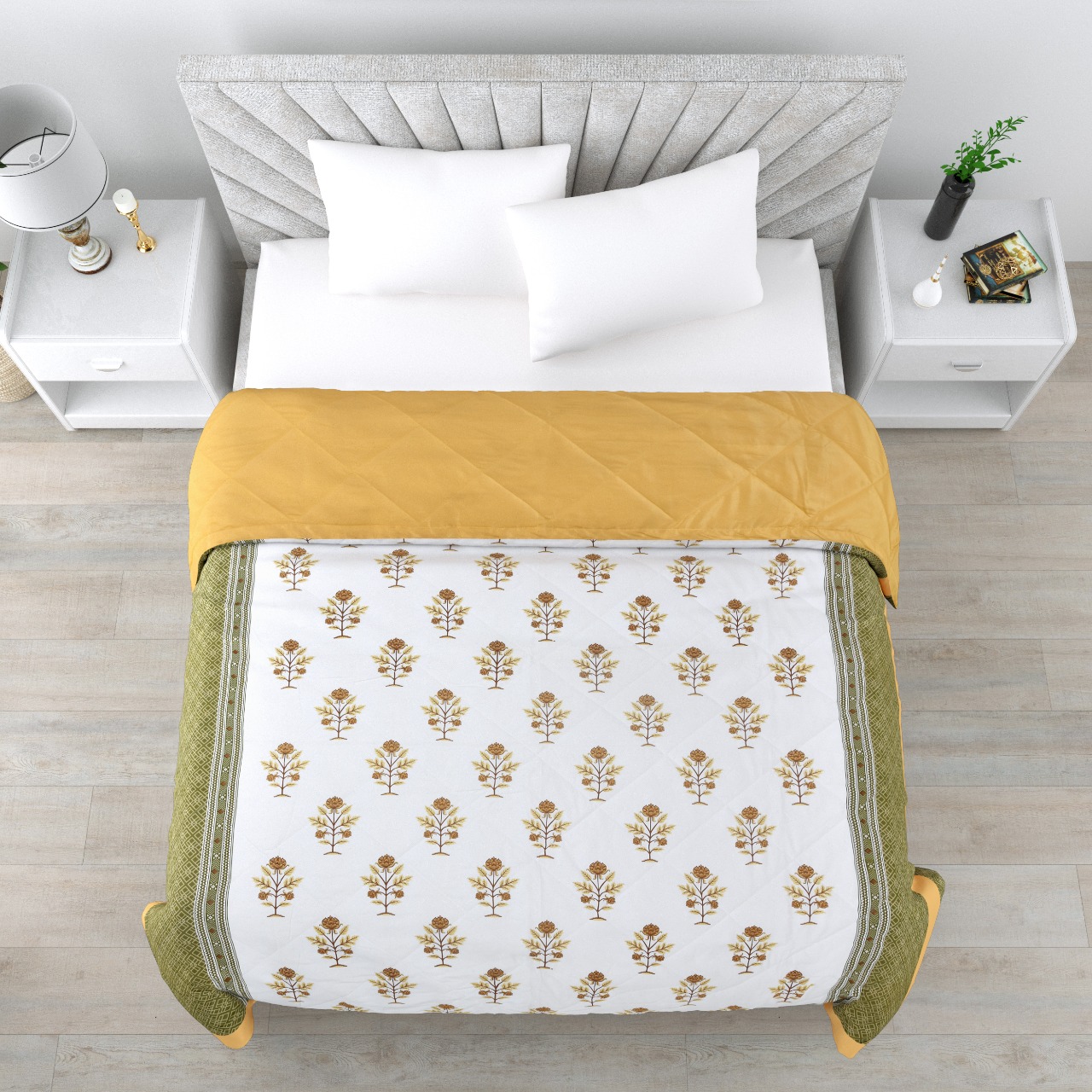 Floral Print Yellow Cotton Quilted Bedcover Comforter Blanket