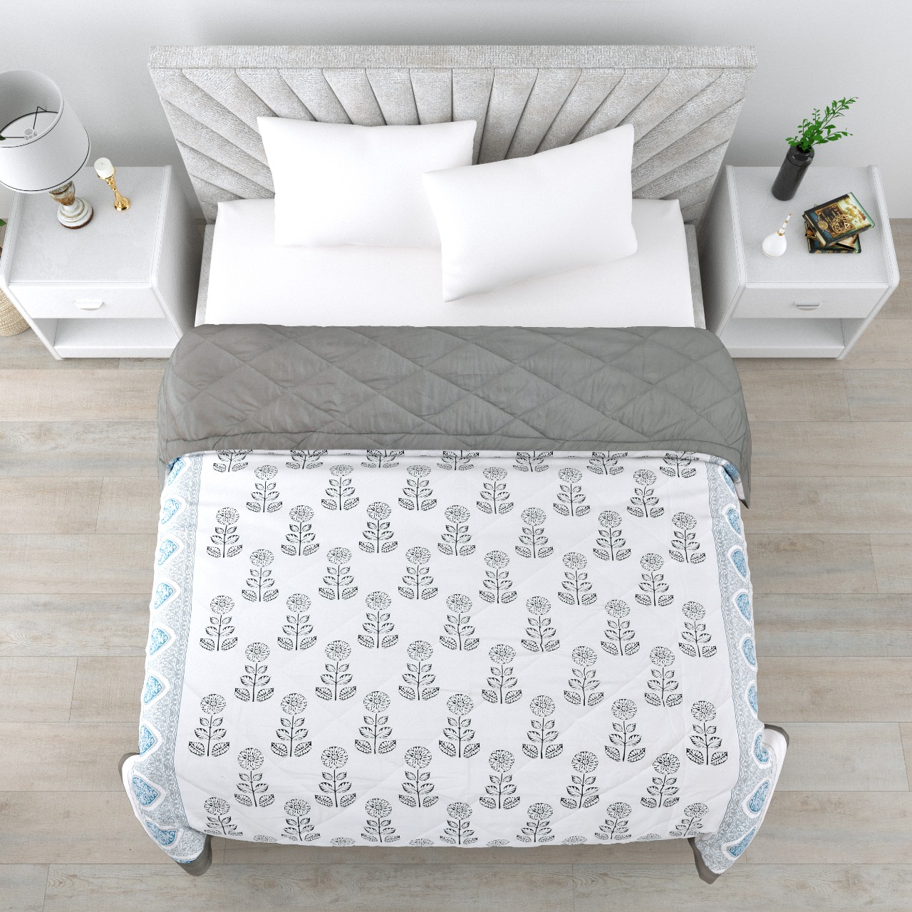 Floral Print Grey Cotton Quilted Bedcover Comforter Blanket