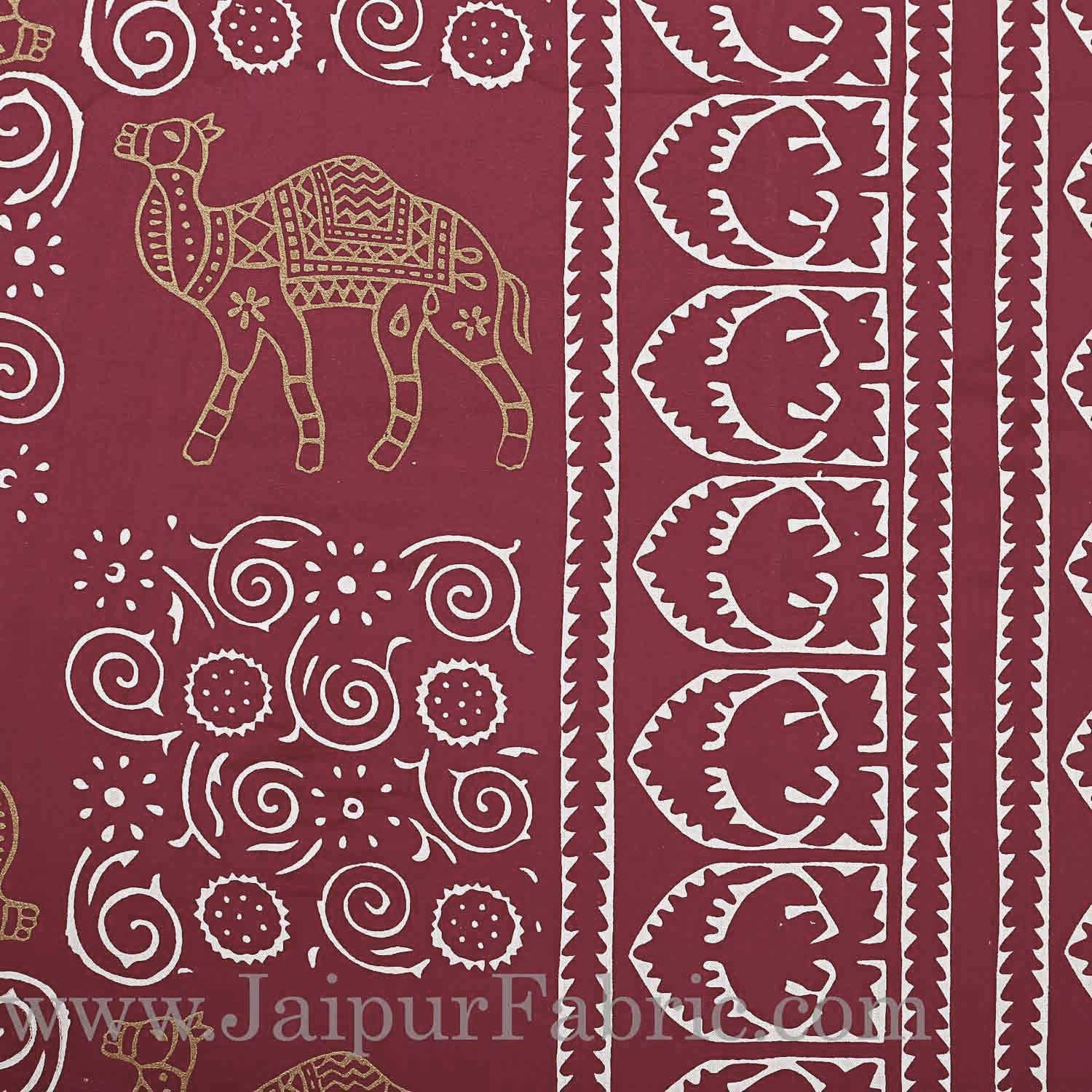 Double Bedsheet Maroon Border Golden Camel Print With Two Pillow Cover